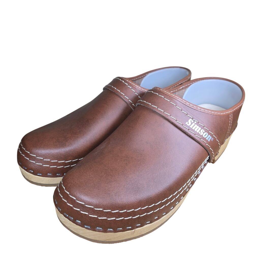 NEW SIMSON Maestro Brown Leather Clog Wooden Slip on Clogs EUR 46 Men's 12